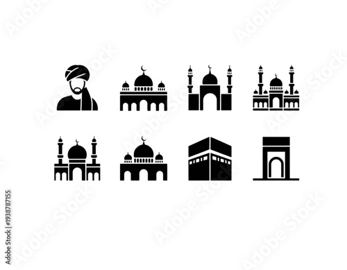 A set of black and white Islamic architecture icons on transparent background