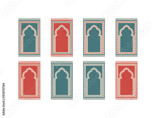 A set of colorful Islamic prayer rug icons on transparent background