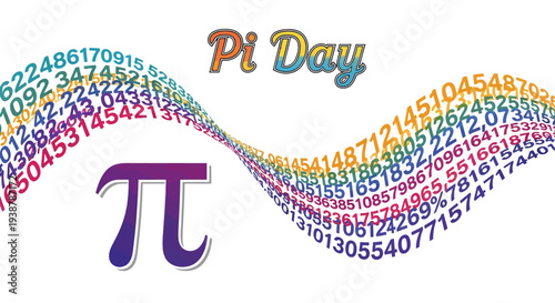 Colorful Pi Day illustration featuring the pi symbol and a wavy line of numbers in a vibrant, celebratory design on a white background with a joyful and educational mood.