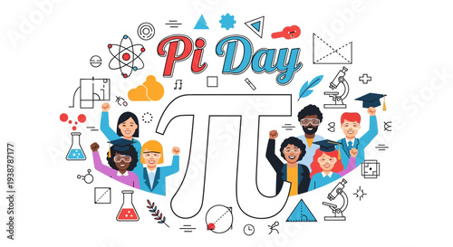Illustration of diverse students celebrating Pi Day with math symbols and equations in a colorful, educational design.