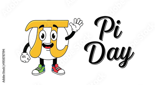 A cheerful cartoon pi symbol character waves in a playful illustration for Pi Day, with colorful design elements on a white background, conveying a joyful and educational mood.