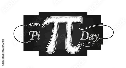 Illustration of a Happy Pi Day design with pi symbol on a black background with white text and swirls.