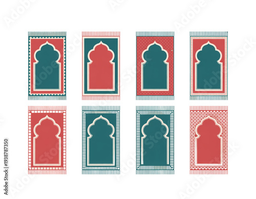 A set of colorful Islamic prayer rug icons on transparent background