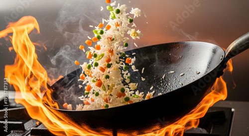 Wok Cooking Fried Rice with Flames