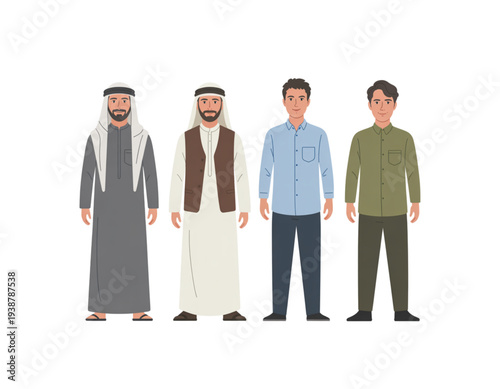 A vector graphic illustration of four men in different traditional and modern outfits standing together on transparent background