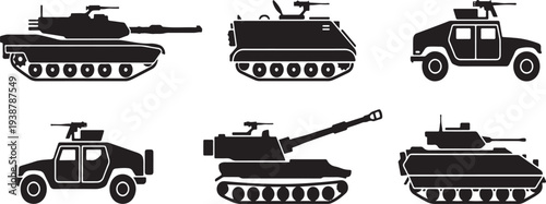 Set of 6 Military Vehicle Icons Vector Collection: Modern Army Tank, Armored Personnel Carrier, Self-Propelled Howitzer, and Humvee Silhouettes for Defense and War Concepts
