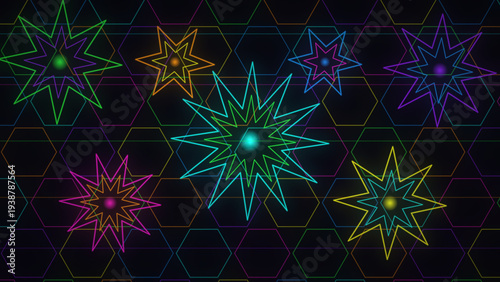 Neon geometric stars glowing on dark hexagonal grid futuristic background