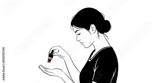 Refined illustration of a young woman mindfully applying a beauty serum to her hand, embodying