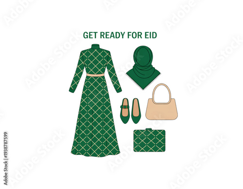 A vibrant green Eid outfit illustration with accessories on transparent background