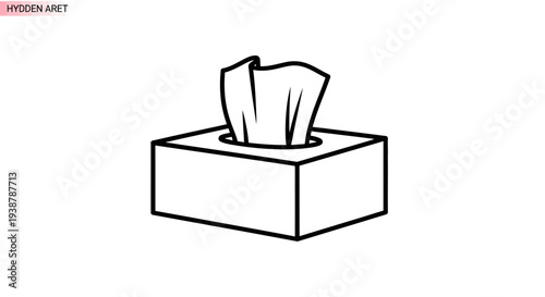 Minimalist line art illustration of a rectangular tissue box with a single facial tissue emerging