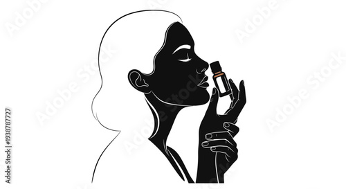 Elegant silhouette of a woman inhaling delicate aromas from a small bottle, promoting tranquility