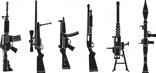 Set of 6 military guns vector icons