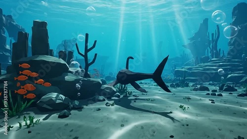 Low poly 3D render of a plesiosaur like creature swimming in an underwater scene with fish and sunlight