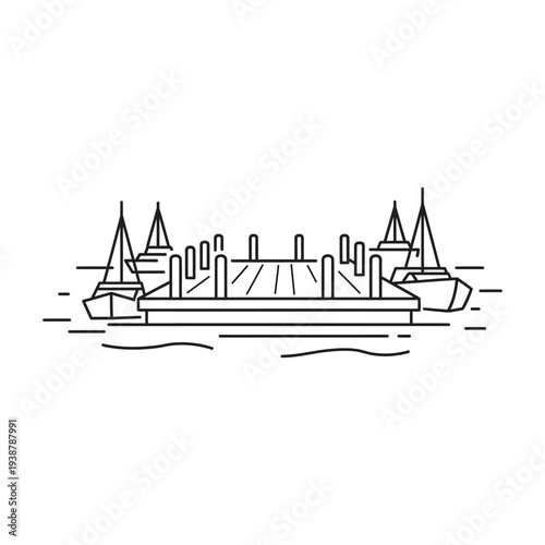 Cargo ships and boats in a harbor illustration