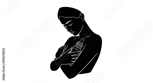 Elegant monochrome illustration of a woman applying a cosmetic serum to her delicate skin for