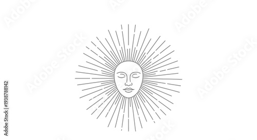 Elegant minimalist design of a serene celestial face emanating abstract radiating light rays