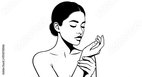 Elegant monochrome line illustration of serene woman hands softly touching skin with closed eyes