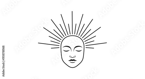 Elegant minimalist line art icon of a serene face radiating enlightened spiritual energy
