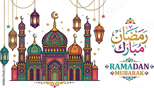 Vibrant mosque illustration with lanterns and crescent moon celebrating Ramadan Mubarak from a festive viewpoint