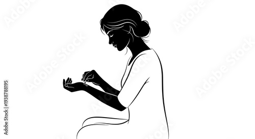 Monochromatic illustration of a woman engaged in a delicate self-care ritual or medical routine