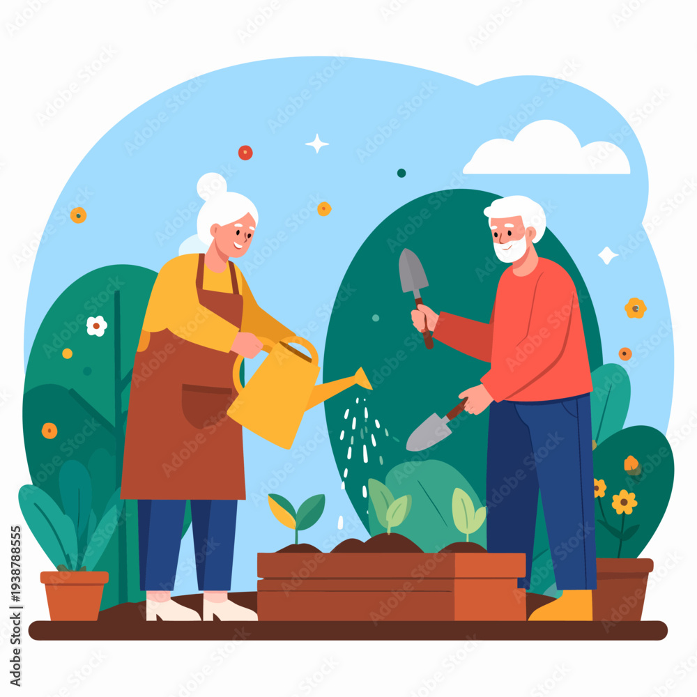 Fototapeta premium Elderly Couple Gardening Together with Watering Can.