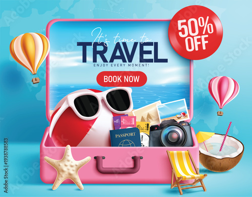 Travel booking promo template clipart design. It's time to travel text with Travel Sale 50% off discount clip art with summer and traveler elements inside the luggage in blue background for holiday 
