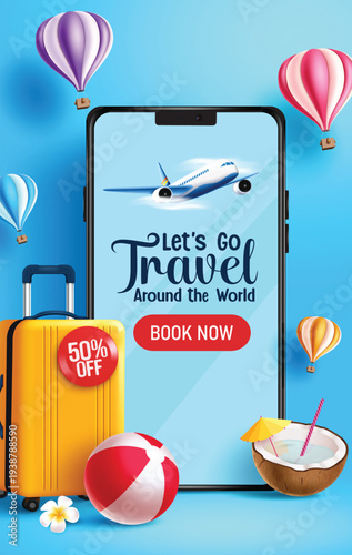 Travel booking promo clipart poster design. Let's go Travel text with Travel Sale online booking discount in mobile phone element blue background for holiday tour and vacation business trip 