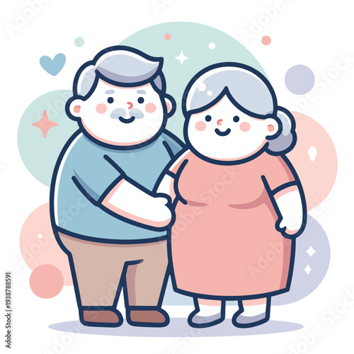 Elderly Cartoon Couple Holding Hands Together.
