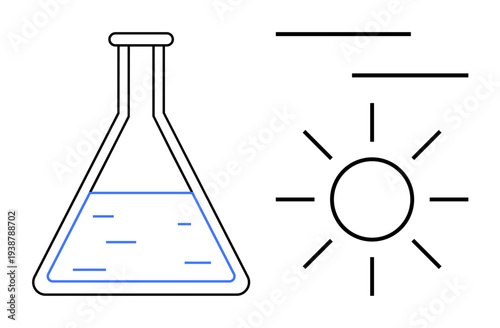 Flask with liquid and radiating sun symbolizing scientific innovation, renewable energy, research, sustainability, education, eco-friendly technology, and environmental conservation. Simple flat