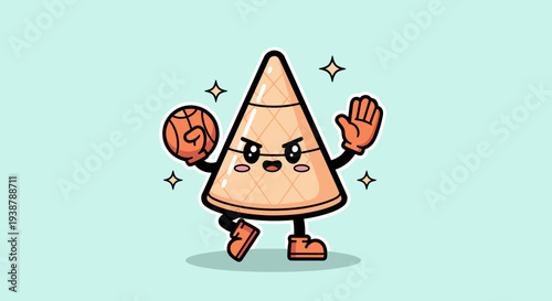 Cartoon Triangle Mascot Playing Basketball Pose.