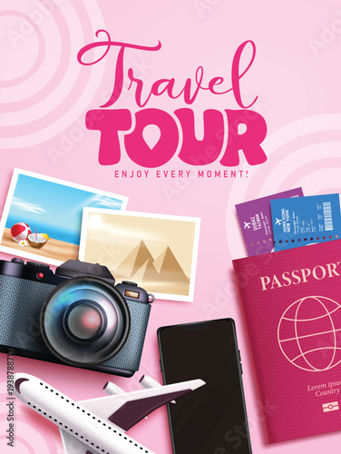 Travel and Tour clipart poster design. Travel and Tour text in pink background clip art with traveler elements like passport, camera, mobile phone, airplane, pictures and ticket for worldwide trip 