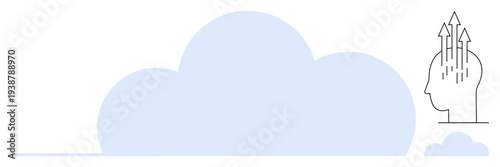 Cloud computing concept. Cloud shapes paired with arrows growth from a head outline. Cloud computing innovation, creativity, data storage, and technology transformation. For technology branding