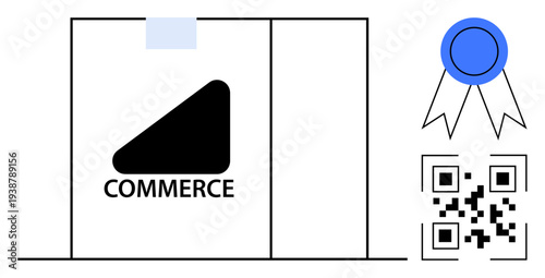 Online shopping, secure payment, e-commerce verification, digital certificates, product authenticity, customer trust. ion of a package, badge and QR code. E-commerce and secure payment concept