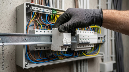 Electrical installation work with gloved hand installing circuit breaker into distribution board, representing professional electrical service, safety, and power distribution system maintenance.