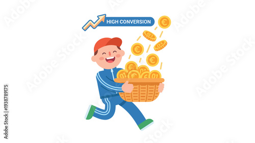 Happy Man Running with Basket of Euro Coins and High Conversion Graph Vector Illustration