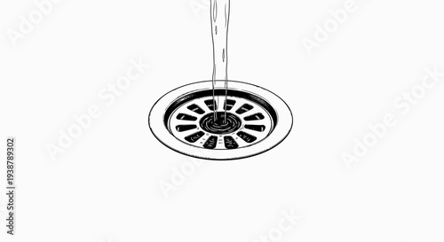 Detailed hand-drawn illustration of water flowing down a sink drain against a pristine white