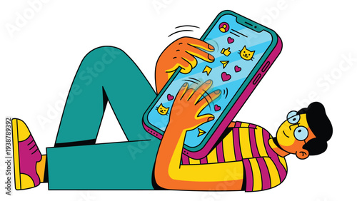 Relaxed person lying down, engaging with social media on a smartphone. Modern flat vector illustration of digital leisure.