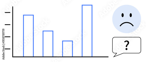 Business decline. Bar chart showing downward trend with sad face and uncertainty speech bubble. Business decline impacting strategy, progress, analysis, failure, future forecasting