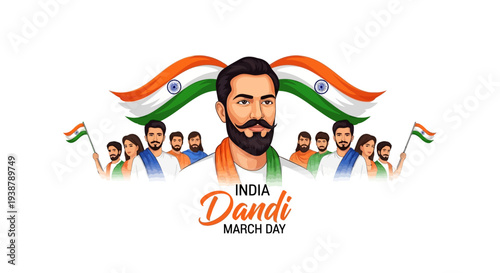 Illustration of Mahatma Gandhi leading a symbolic protest march with followers on Dandi March Day, featuring the Indian flag and conveying a sense of nonviolent resistance and civil