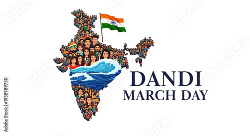 Illustration of a map of India with people and a flag celebrating Dandi March Day with a symbolic protest march theme.