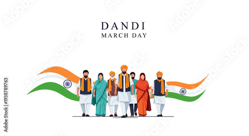 Illustration of people walking with Indian flags on Dandi March Day, symbolizing nonviolent resistance and the Indian independence movement.