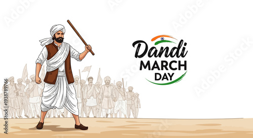 Illustration of Mahatma Gandhi leading a symbolic protest march with followers on Dandi March Day, a significant event in the Indian independence movement, depicted in a vector style with a