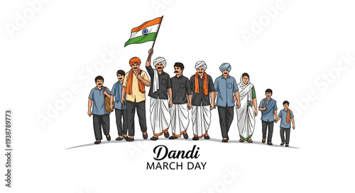 Illustration of Mahatma Gandhi leading a symbolic protest march with followers on Dandi March Day, a significant event in the Indian independence movement, with a vibrant Indian flag waving.