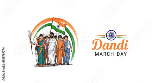 Illustration of Mahatma Gandhi and followers on Dandi March Day, a symbolic protest for Indian independence with nonviolent resistance.