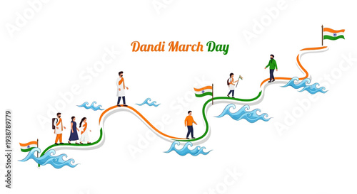 Illustration of Mahatma Gandhi leading a symbolic protest march with followers on Dandi March Day, conveying nonviolent resistance and civil disobedience, with a vibrant and patriotic mood.