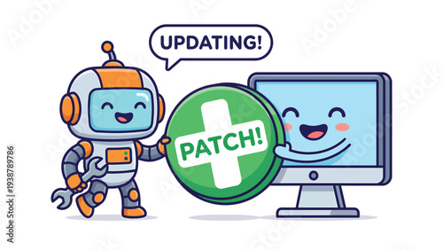 Cute Robot & Happy Computer Updating System with Patch. Digital Maintenance & Software Upgrade Illustration.