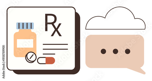 Healthcare, prescriptions, telemedicine, online consultations, communication, pharmaceutical services. Medicine bottles with pills and a speech bubble. Healthcare and telemedicine concept