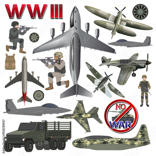 Military elements and vehicles set vector illustration design