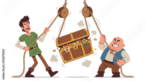 Cartoon Men Fighting Over Treasure Chest: Tug-of-War for Gold and Jewels with Pulleys, Conflict and Greed Concept