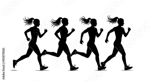 Diverse group of athletic women in silhouette running together in a dynamic sequence showcasing motion and fitness